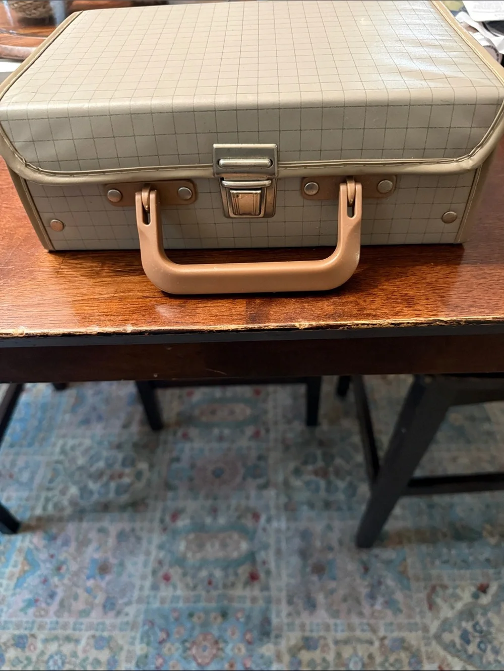 Vintage Cream Grid cassette Case with Tan Handle